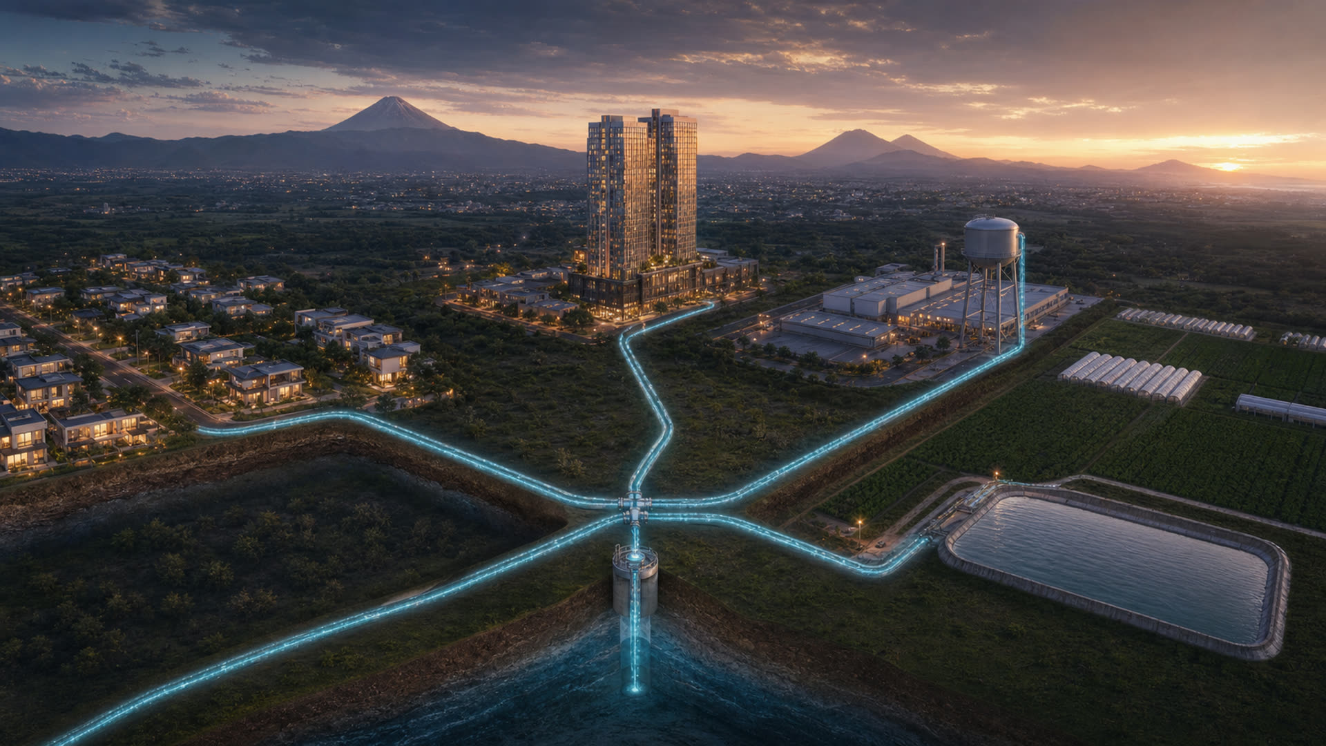 Una tubería proveniente del pozo se divide hacia residencial, edificios, industria y agricultura